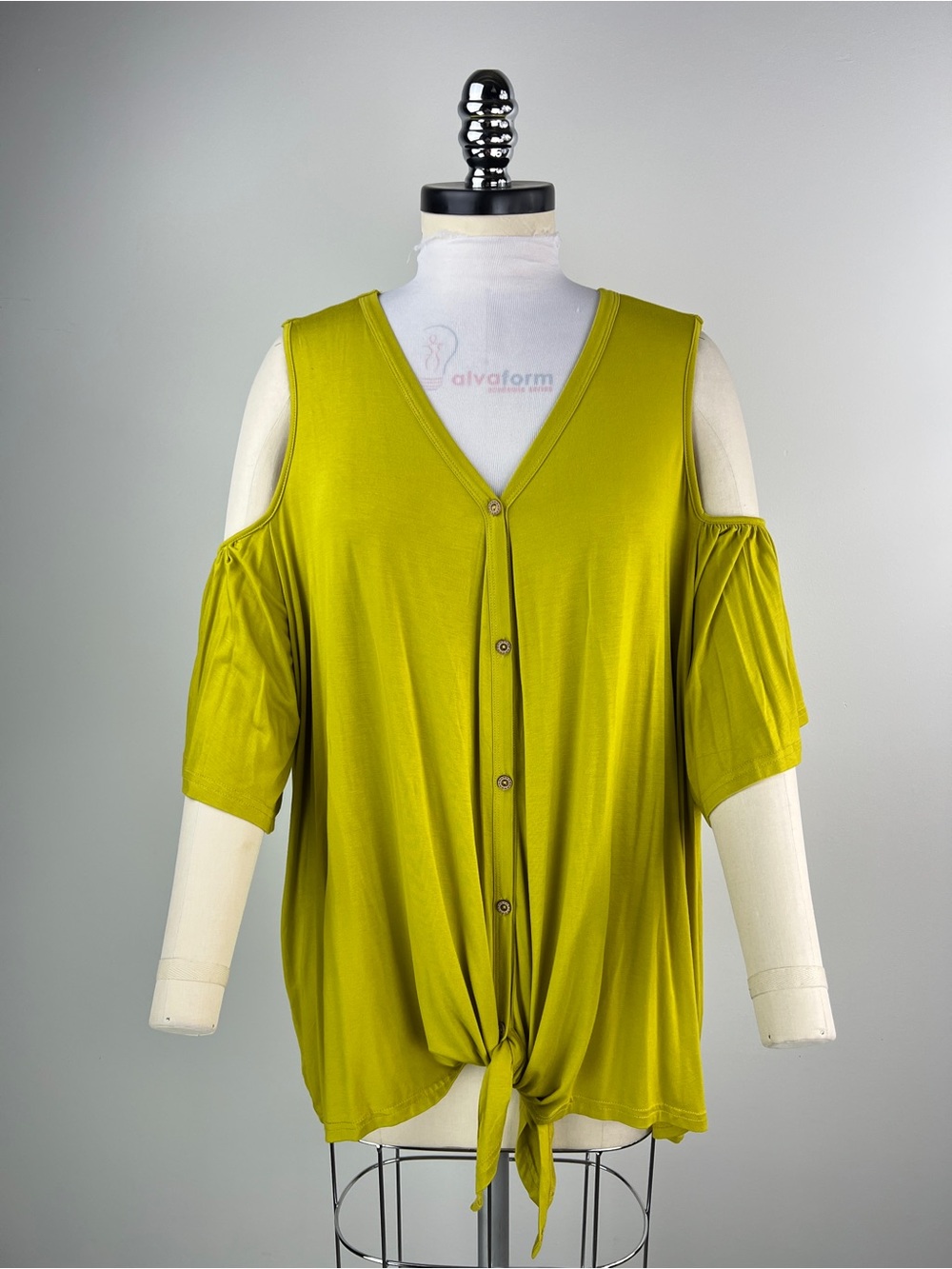 💚 3673. Cold-Shoulder Tie-Front Top in Chartreuse Green